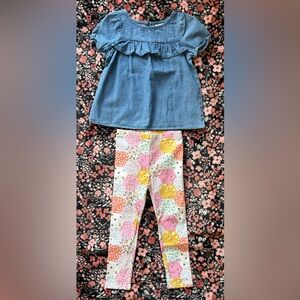Blue Denim Top and Floral Leggings Set